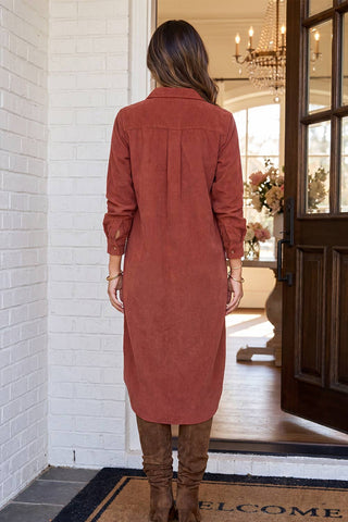 Corduroy Button-Down Shirt Dress, Rust