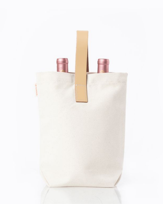Leather-Grip Wine Carrier for Two Bottles featuring durable natural canvas, genuine leather handle, and divided compartments for securely carrying two wine bottles.