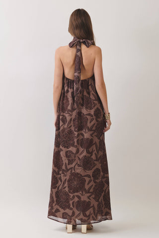 Floral Tonal Print Scarf Maxi Dress, Chocolate