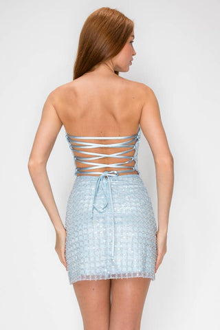 Celeste Strapless Beaded Lace Up Mini Dress