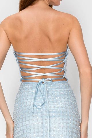 Celeste Strapless Beaded Lace Up Mini Dress