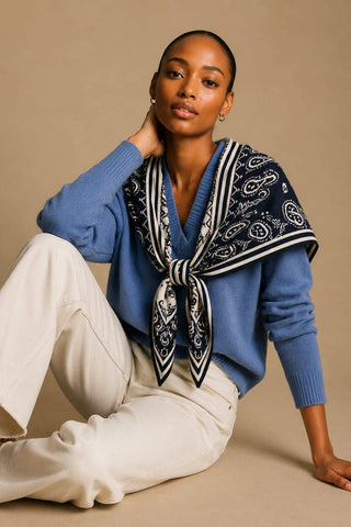 Hazel Paisley Knit Triangle Scarf - Navy