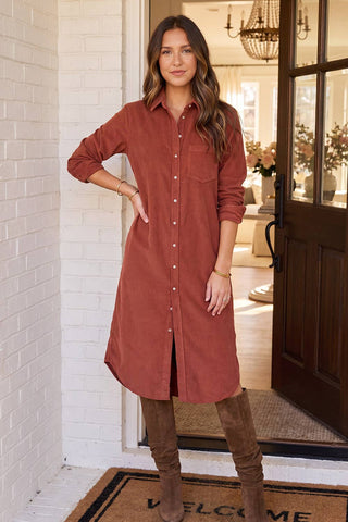 Corduroy Button-Down Shirt Dress, Rust