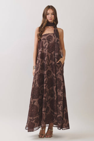 Floral Tonal Print Scarf Maxi Dress, Chocolate