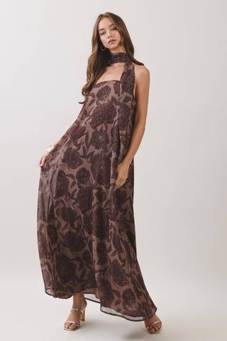 Floral Tonal Print Scarf Maxi Dress, Chocolate