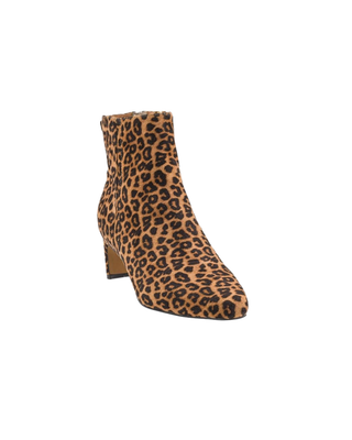 Women’s leopard print suede-look ankle bootie with rounded toe, ankle-height silhouette, and mid-height block heel.