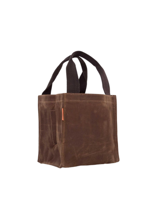 Beer Carrier in Khaki featuring durable waxed canvas, sturdy webbed carry handles, and a personalized monogram on the front, designed for carrying beer bottles or canned beverages.