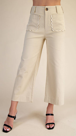 Beige wide leg cropped scallop pocket bottoms