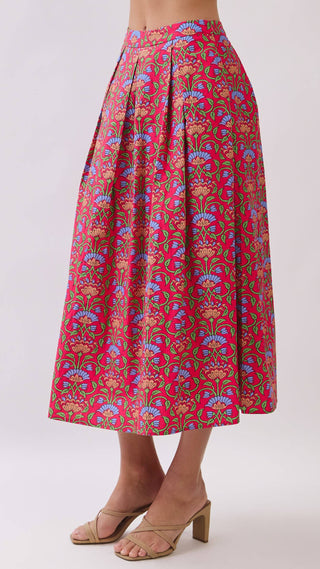 Bright pink high waisted a-line pleated skirt with  colorful floral print