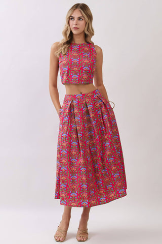 Bright pink high waisted a-line pleated skirt with  colorful floral print