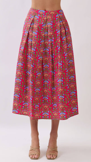 Bright pink high waisted a-line pleated skirt with  colorful floral print