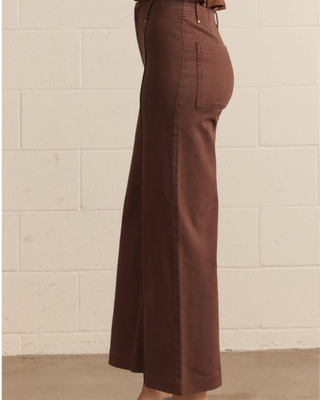A side-profile view of a person wearing high-waisted, wide-leg brown pants against a light beige brick wall.