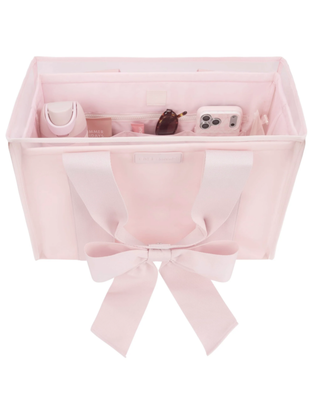 Ballet pink tote bag organizer insert with multiple interior pockets holding a water bottle, phone, sunglasses, cosmetics, and everyday essentials.