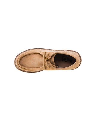 Camel suede-look lace-up loafer with moc-toe stitching, contrast welt detail, and chunky tan lug sole.