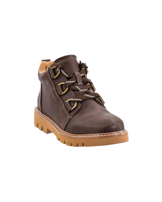 Women’s chocolate brown lace-up ankle boot with antique gold-tone hardware, contrast stitching, and chunky gum lug sole.