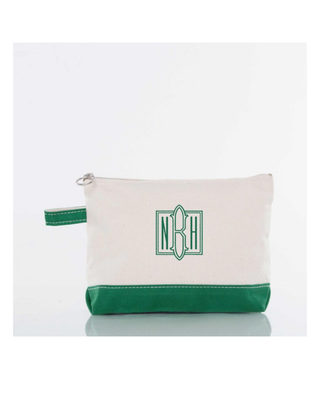 Canvas Makeup Bag in Emerald featuring a zip-top closure, durable heavyweight canvas, and compact design for organizing cosmetics and travel essentials.