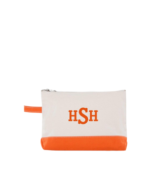 Canvas Makeup Bag in Orange featuring a zip-top closure, durable heavyweight canvas, and compact design for organizing cosmetics and travel essentials.