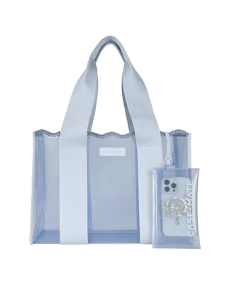 Light blue translucent jelly tote bag with wide woven handles and detachable clear phone pouch.