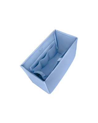 Light blue Case-Mate tote organizer insert with multiple interior pockets holding a phone, sunglasses, water bottle, and everyday essentials.
