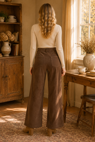Women's chocolate brown high-rise wide leg pants with adjustable drawstring waist and front pockets, styled with a fitted cream top.