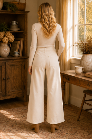 Women's ivory high-rise wide leg pants with adjustable drawstring waist and side pockets, styled with a fitted cream ribbed top and ankle boots.