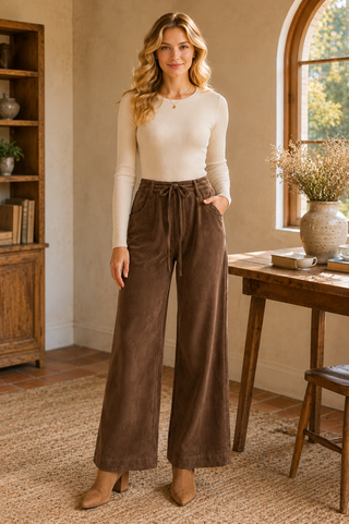 Women's chocolate brown high-rise wide leg pants with adjustable drawstring waist and front pockets, styled with a fitted cream top.