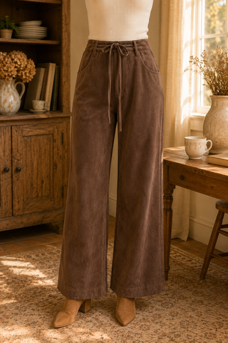 Women's chocolate brown high-rise wide leg pants with adjustable drawstring waist and front pockets, styled with a fitted cream top.
