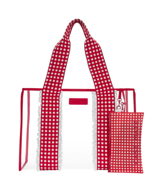 Clear jelly tote bag with red and white gingham handles, white ruffle trim, red edging, and detachable gingham phone pouch.