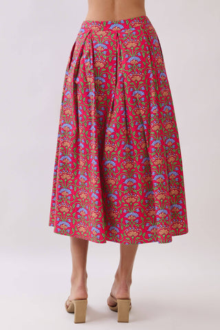 Bright pink high waisted a-line pleated skirt with  colorful floral print