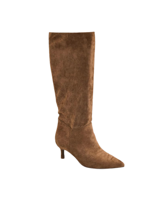 Women’s brown suede-look knee-high boot with pointed toe and slim kitten heel on a white background.