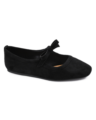Black velvet Mary Jane ballet flat with pointed toe and bow-tie strap detail.