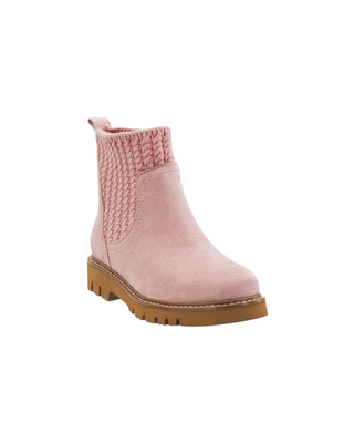 Blush pink suede-look ankle boot with cable-knit side panels, back pull tab, contrast stitching, and chunky gum lug sole.