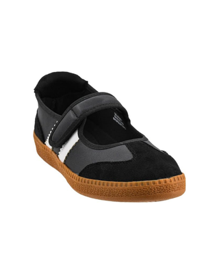 Black and white Mary Jane sneaker with adjustable strap, contrast side stripes, suede-style accents, and gum rubber sole.