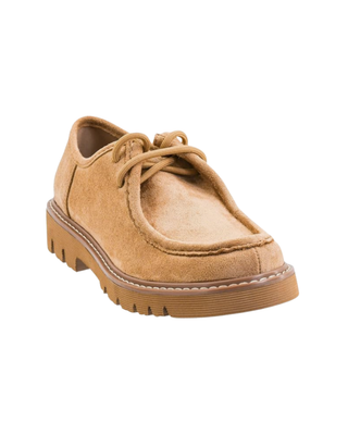 Camel suede-look lace-up loafer with moc-toe stitching, contrast welt detail, and chunky tan lug sole.