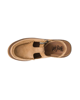 Tan suede-look T-strap platform sandal with adjustable buckle ankle strap, moc-toe stitching, and chunky lug sole on a white background.
