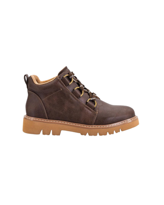Women’s chocolate brown lace-up ankle boot with antique gold-tone hardware, contrast stitching, and chunky gum lug sole.