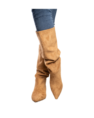 Women’s brown suede-look knee-high boot with pointed toe and slim kitten heel on a white background.