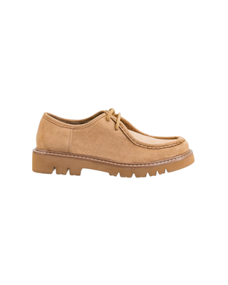 Camel suede-look lace-up loafer with moc-toe stitching, contrast welt detail, and chunky tan lug sole.