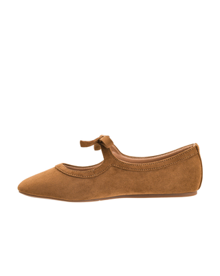 Camel brown velvet Mary Jane ballet flat with pointed toe and bow-tie strap detail.