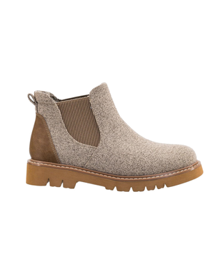 Taupe knit Chelsea ankle boot with elastic side panels, faux-leather heel, and chunky lug sole on a white background.
