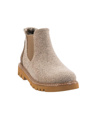 Taupe knit Chelsea ankle boot with elastic side panels, faux-leather heel, and chunky lug sole on a white background.

