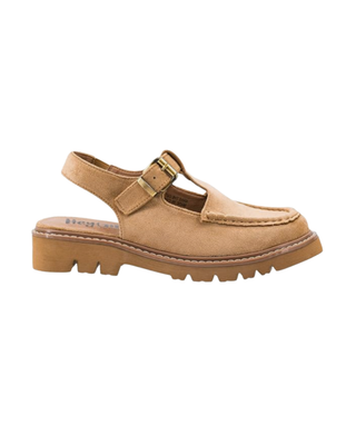Tan suede-look T-strap platform sandal with adjustable buckle ankle strap, moc-toe stitching, and chunky lug sole on a white background.
