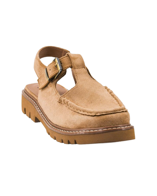 Tan suede-look T-strap platform sandal with adjustable buckle ankle strap, moc-toe stitching, and chunky lug sole on a white background.
