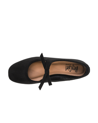 Black velvet Mary Jane ballet flat with pointed toe and bow-tie strap detail.