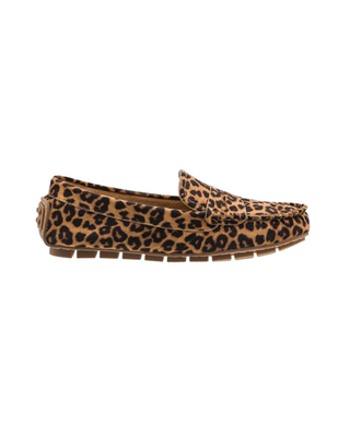 Women’s leopard print suede-look penny loafer with moc-toe stitching, slip-on design, and low-profile brown sole.