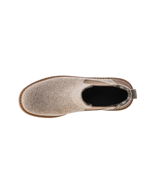 Taupe knit Chelsea ankle boot with elastic side panels, faux-leather heel, and chunky lug sole on a white background.
