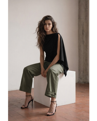 Women's olive green high-rise wide leg pants with front seam detailing, cropped hems and decorative button-tab accents.