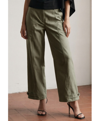 Women's olive green high-rise wide leg pants with front seam detailing, cropped hems and decorative button-tab accents.