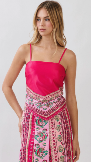 Danielle Hot Pink Scarf Print Cami Top with adjustable spaghetti straps, self-tie back, and decorative pink boho scarf border print.
