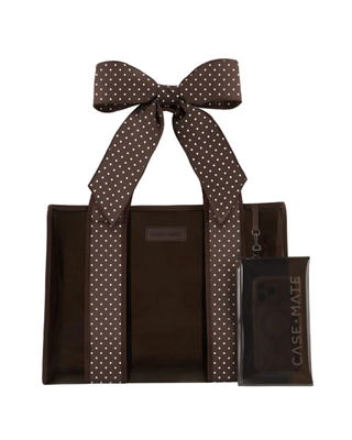 Chocolate brown translucent jelly tote bag with white polka dot ribbon bow and detachable clear phone pouch.